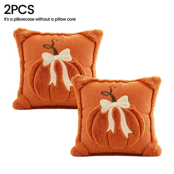 3D Pumpkin Throw Pillows Set of 2 Knitted Polyester Decorative Cushions with Bow Embroidery Soft Cozy Autumn Fall Harvest Home Decor for Sofa Bedroom 45x45cm Beige Orange