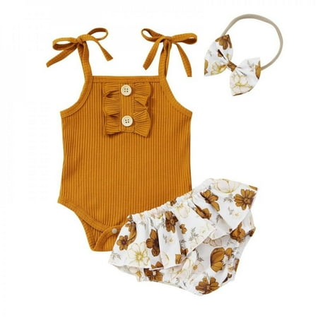

Summerborn Baby Girls Clothes Baby Sleeveless Romper Flower Jumpsuit Shorts Headband 3Pcs Outfits Set