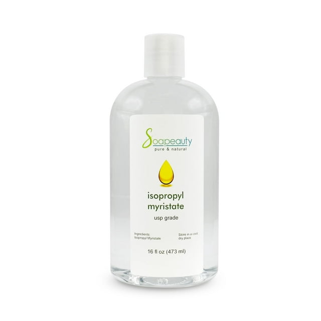 miristato de isopropilo de grado cosmético, 480 ml, para la fabricación de jabón Botella frontal translúcida de 480 ml con tapa a presión y líquido claro; etiqueta blanca Soapeauty con icono de gota amarilla, texto 'isopropyl myristate usp grade' y volumen 16 fl oz (473 ml). Adecuada como emoliente y solubilizador para jabones, cremas y fragancias.