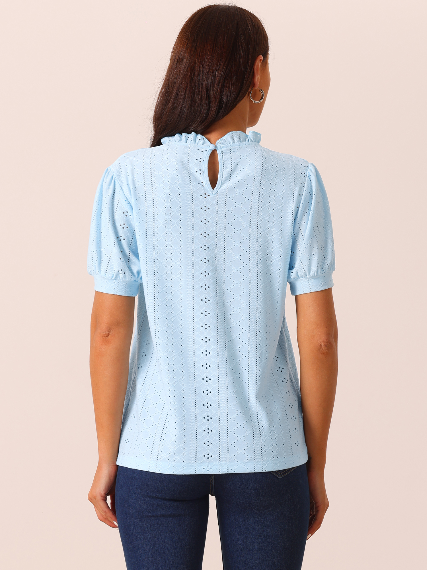 DARING DIVA Women's Puff Sleeve Eyelet Tops Back Button Down Blouses L Light Blue