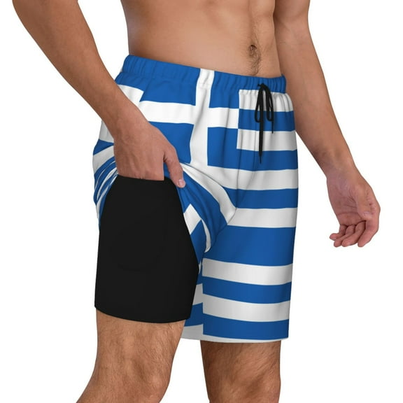 Men's 2 in 1 Swim Trunks with Compression Liner Greek Flag Quick Dry Beach Shorts