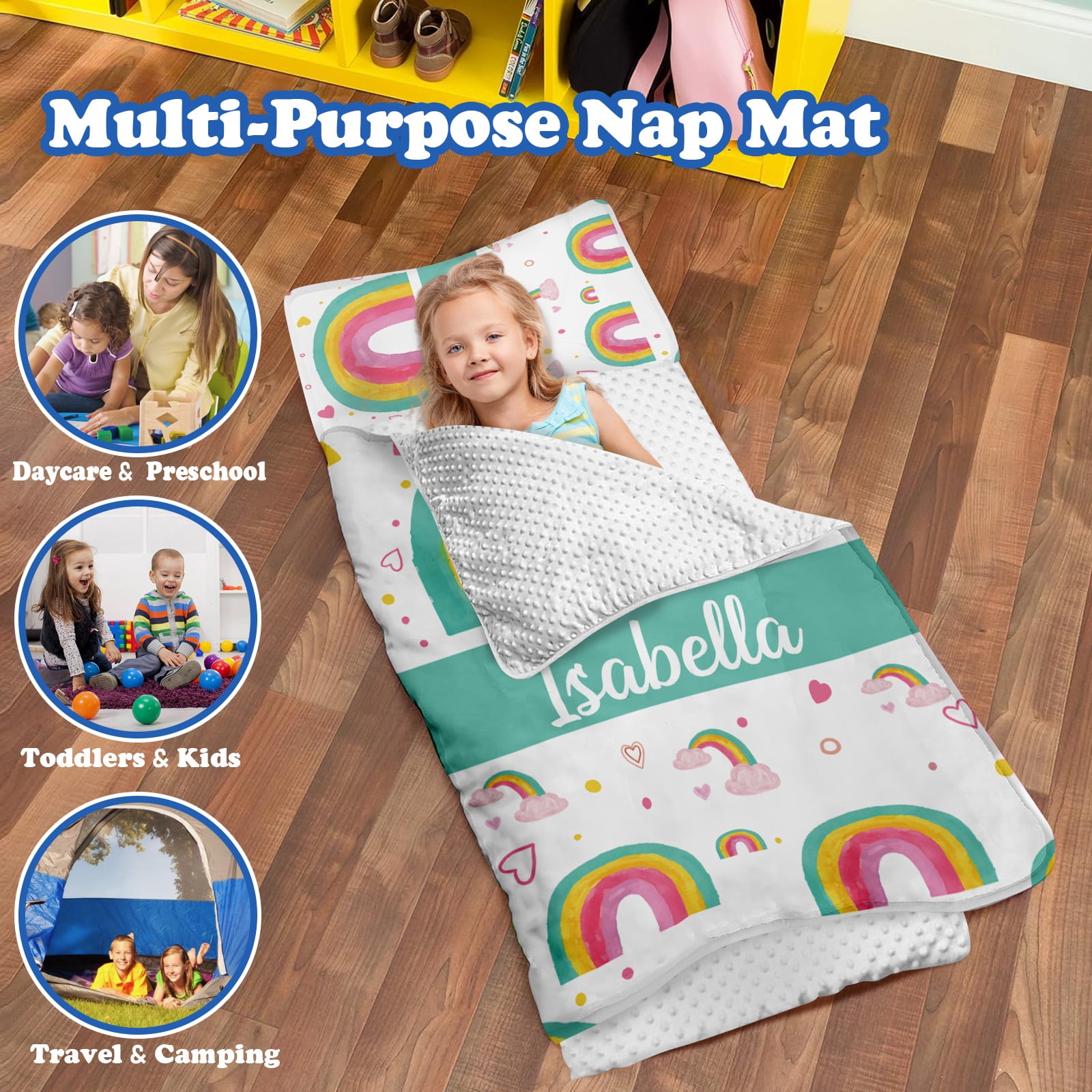 AOLOA Personalized Toddler Nap Mat, Custom Name Kids Sleeping Mat for Daycare Preschool Kindergarten, Green Rainbow Boys Girls Sleep Bag with Pillow Blanket Set, Portable Nap Sack for Infant Child