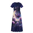 thumbnail image 6 of Uourmeti Girl's Dress Purple Butterfly Moon Print Crew Neck Short Sleeve Maxi Long Dress with Pockets Cute Flowy Holiday Outfits, Size 9-10 Years, 6 of 7