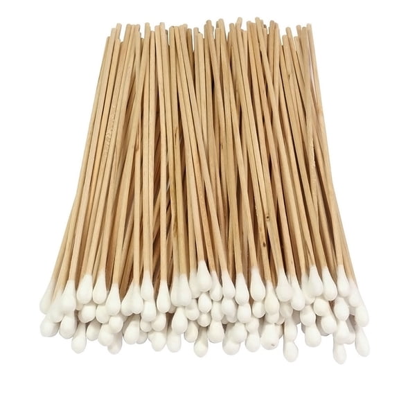 6-Inch Long Wood Handle Cotton Swabs, 100-Pack Single-Tipped Extra Long Applicators for Cleaning, Makeup, Hobbies & Industrial Use (150mm)