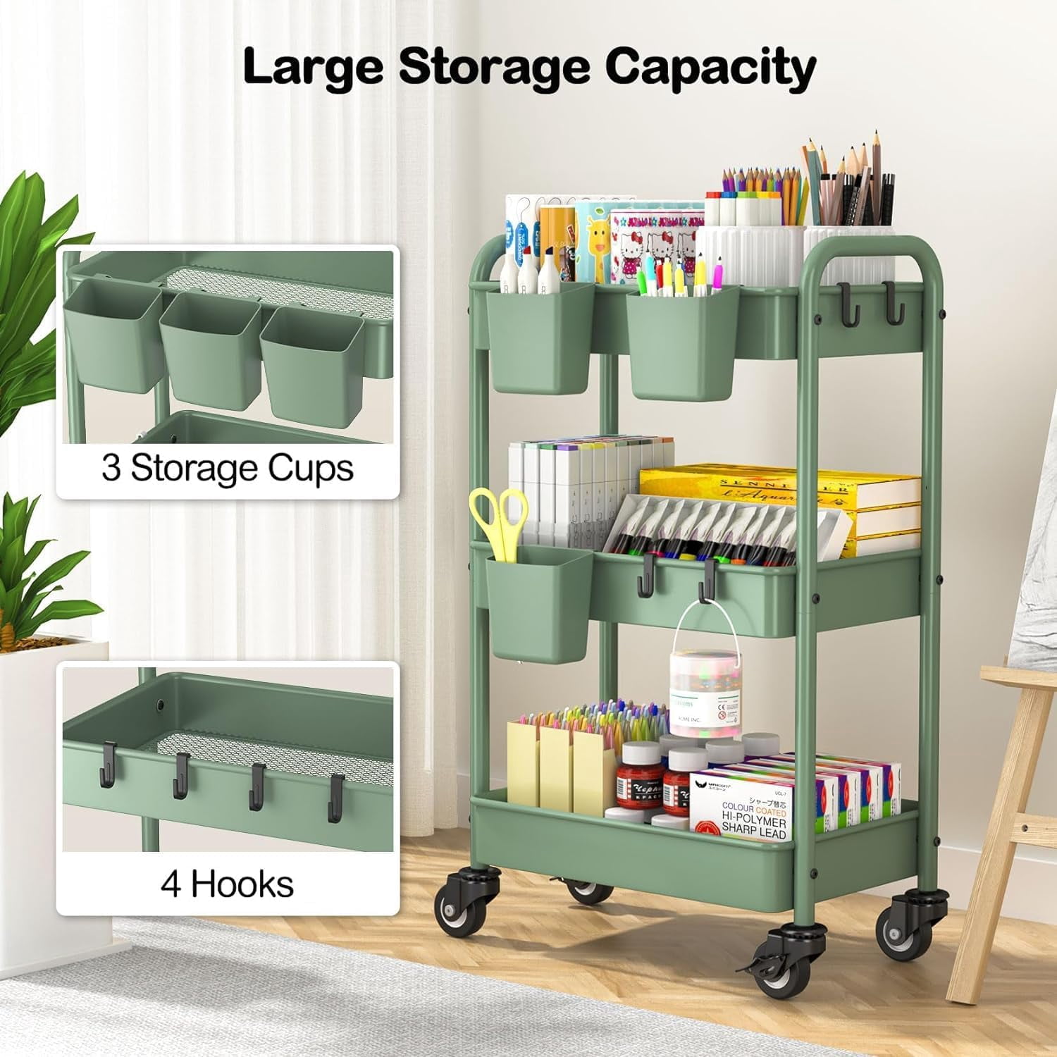 3-Tier Rolling Cart, Green, 66 Pounds Capacity, Mesh Storage Organizer with Lockable Wheels, 3 Hanging Cups, 4 Hooks, Easy Assembly, for Kitchen, Bathroom, Laundry, Grocery