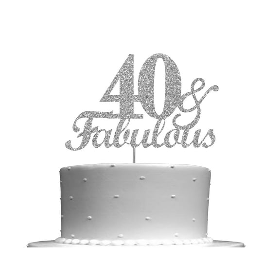 Fabulous & 40 Silver Glitter Cake Topper, 40th Birthday Party Decorations Ideas, Decoration, Sturdy Doubled Sided Glitter, Acrylic Stick. Made in USA