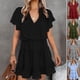 thumbnail image 2 of Women\'s Casual Maxi Dress Pure Color Short-sleeve V-neck Knee Length Skirt For Summer BeachGreenM, 2 of 5