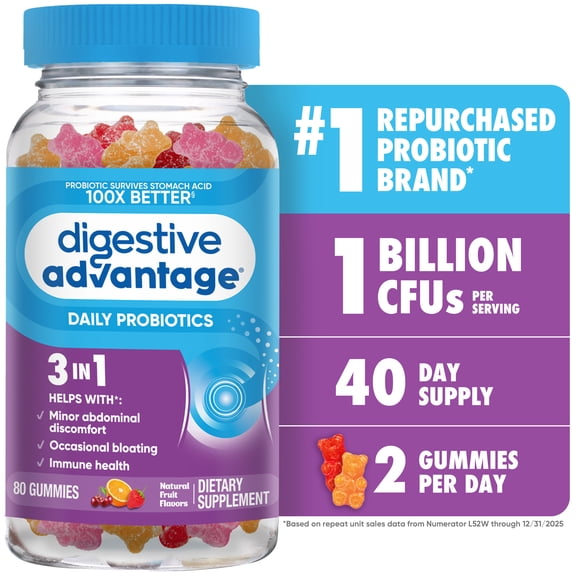 Digestive Advantage Daily Probiotic Gummies, Natural Fruit Flavors - 80 Gummies