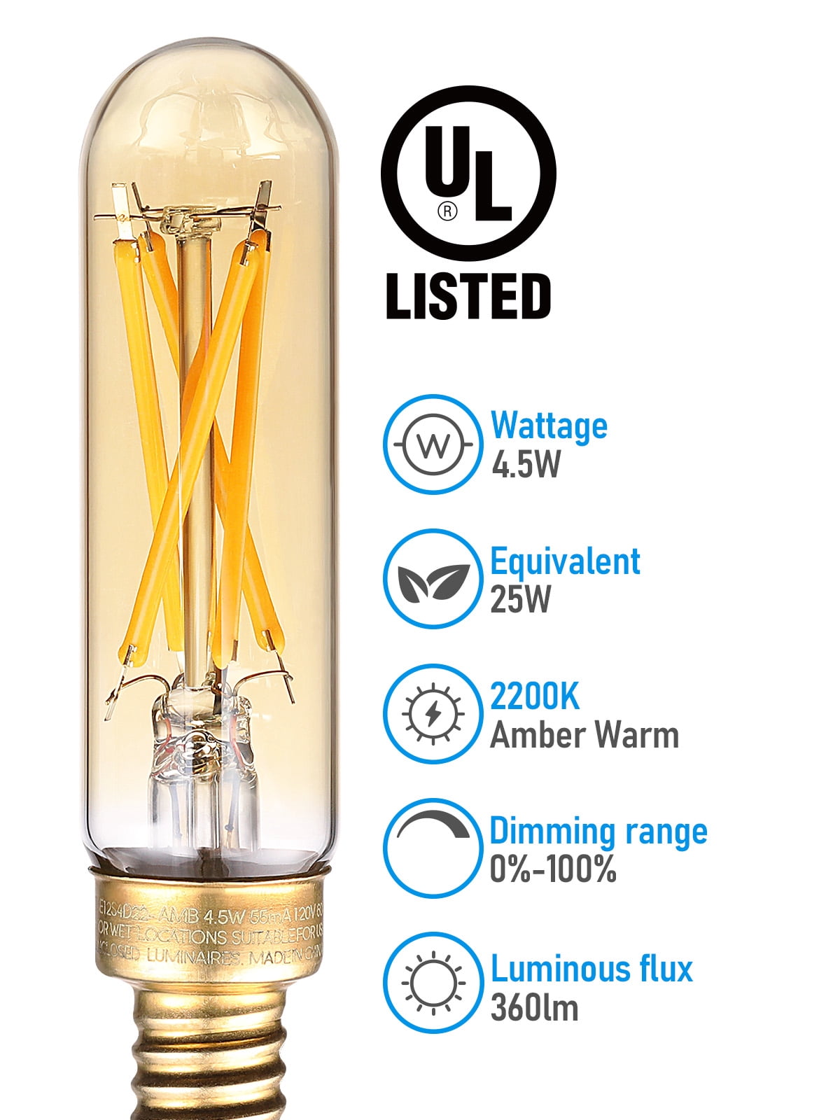 18 Pack T25 Tubular Edison Bulbs, Dimmable T6 LED Bulb, E12 Candelabra Bulb, 4.5W(25W Equiv.), for Chandelier, Wall Lamps, Amber Warm Glass