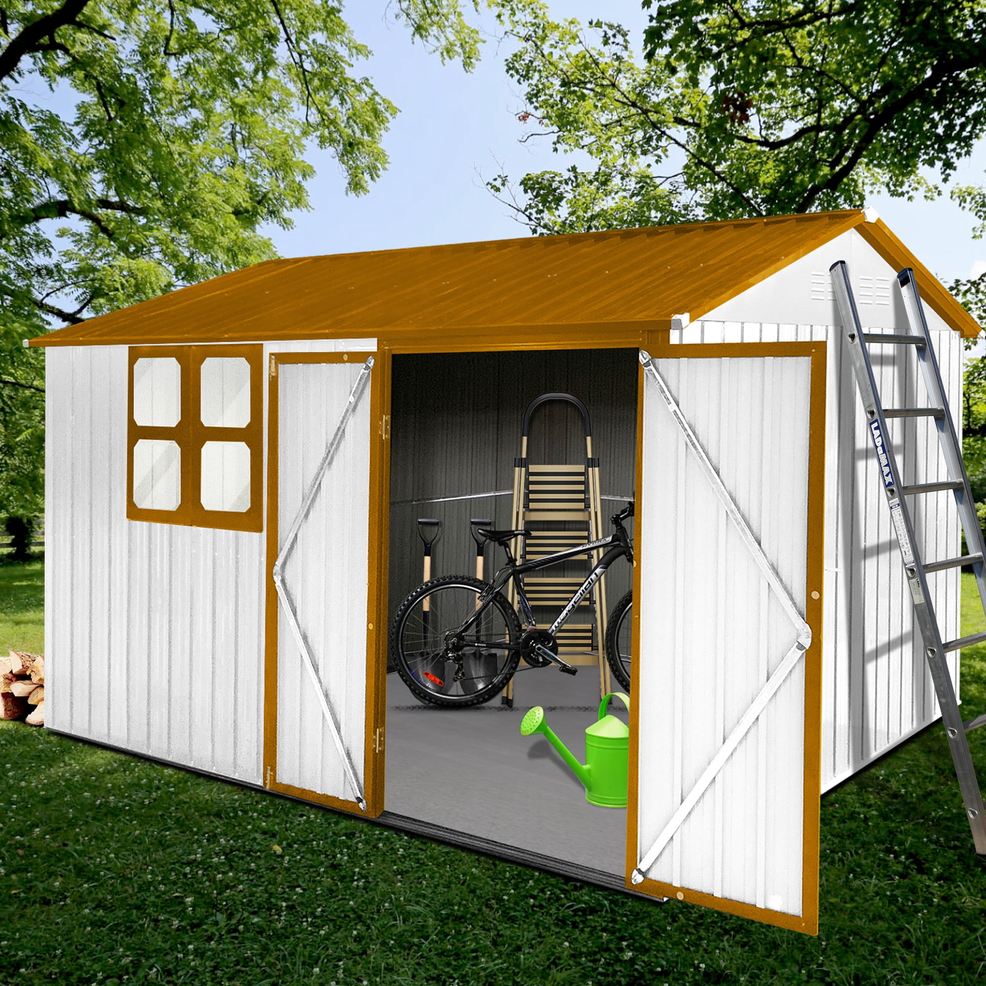 Aukfa 10FT x 8FT Outdoor Storage Shed, Metal Shed Storage with Window, Roof Slope Tool Shed with Door and Padlock for Backyards, Patio Lawns and Outdoor, Yellow