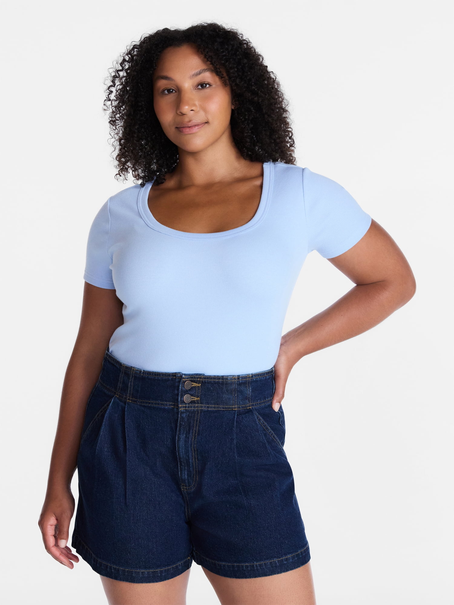 Time and Tru Women's Ribbed Scoop Neck Tee with Short Sleeves, Sizes XS-XXXL