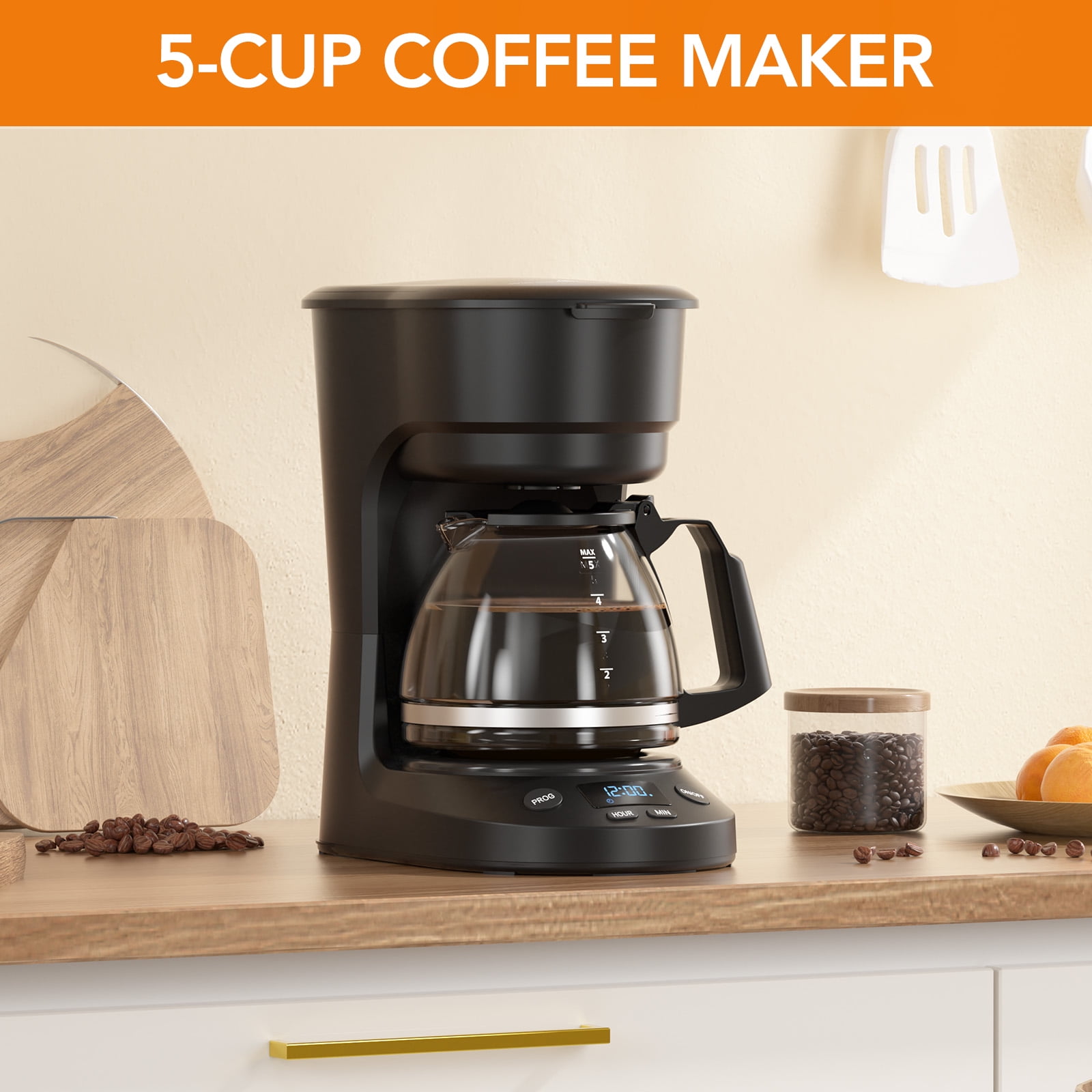 KNDKO 5-Cup Coffee Maker, 700W Quick-Heating Coffee Machine with 2-Hours Keep Warm & Timing Function, Glass Carafe(0.75L)