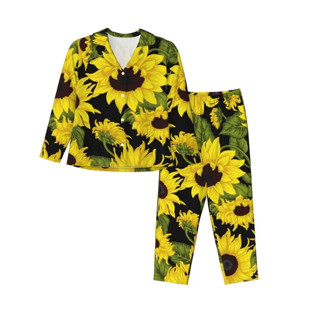Fotbe Sunflowers In Vintage Conjunto de Pijama de Manga Larga para Mujer con Estampado, Ropa de Dormir de 2 Piezas, Conjunto de Casa Suave y Cómodo con Bolsillos-Small