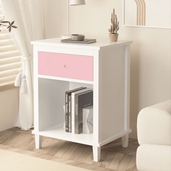 Dtwnek Wooden Nightstand Beside Table with 1 Drawer and 1 Shelf, Pink