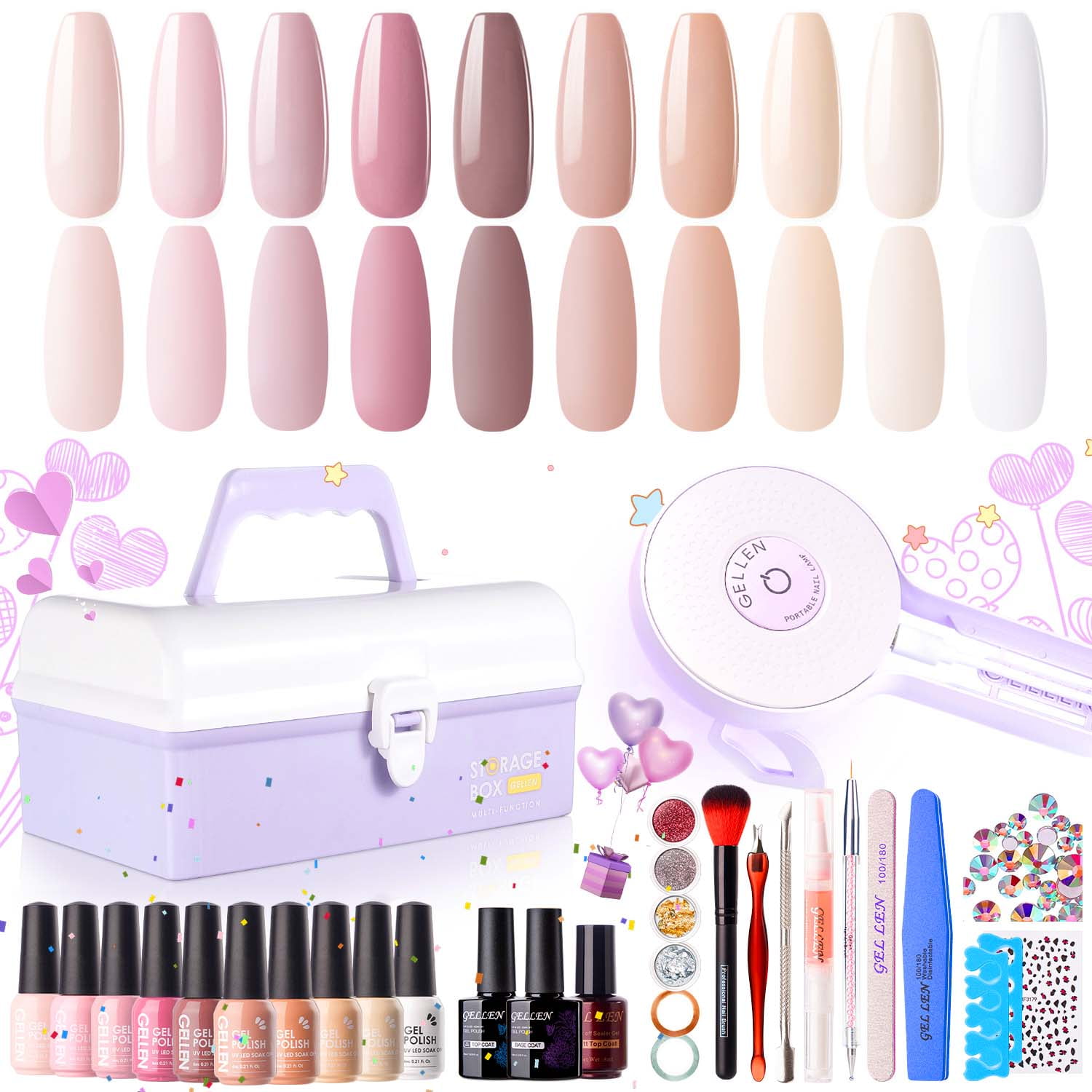 Gellen Gel Nail Polish Starter Kit with UV Lamp, 10 Colors Nudes Pink Peach Gel Polish with 36W Nail Lamp Top & Base Coat Nail Tools Manicure Set & Storage Box, All-In-One Gel Nail Polish Kit