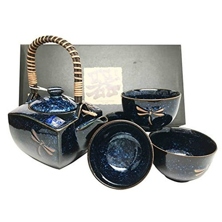 Made In Japan Tombo Dragonfly Blue Glazed Ceramic Tea Pot and Cups Set Serves 4 Beautifully Packaged in Gift Box Excellent Home Decor Asian Living Gift for Sophisticated Moms And