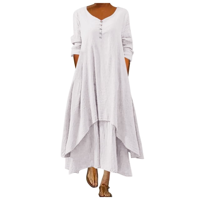 Liquidation! Prolriy Robes Maxi pour Femmes 2025 Robe Longue Irrégulière Unie Manches Longues Femmes Décontractée Ample Col Rond Robe Femmes Robes Femmes Blanc G