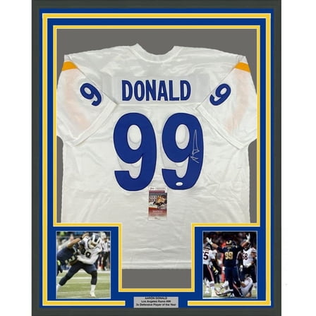 Framed Autographed/Signed Aaron Donald 35x39 Los Angeles LA White Football Jersey JSA COA