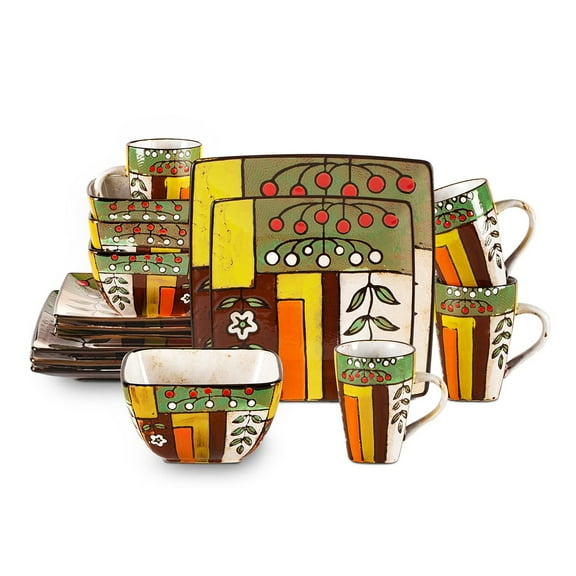 16pcs Reactive Glaze Dinnerware Set, Stoneware Artisan Hand Painted Spring Garden, tableware set for 4