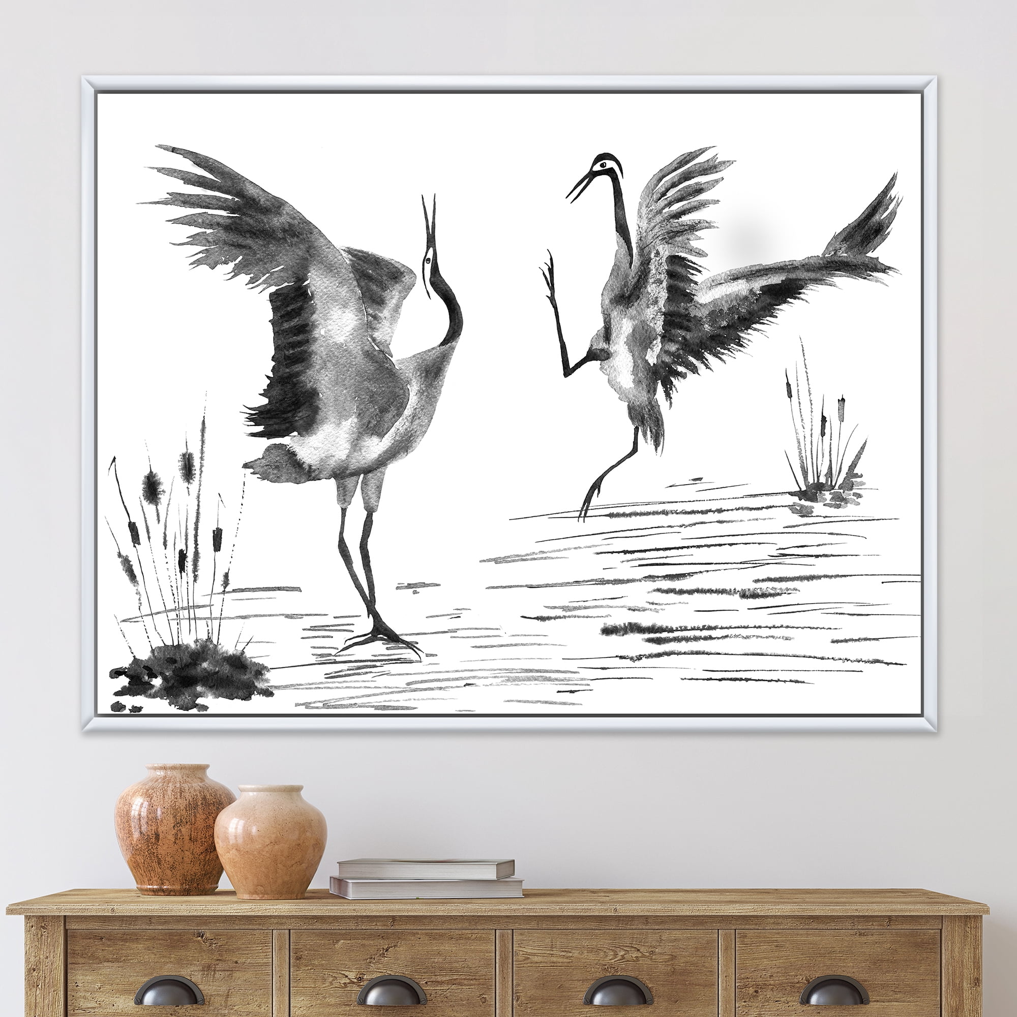 Monochrome Two Enamored Japanese Cranes Birds 32 in x 16 in Framed Painting Canvas Art Print, by Designart