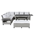 thumbnail image 5 of 5-Piece Outdoor Patio Rattan Sofa Set, L-Shaped Garden Sectional Furniture Set with 2 Extendable Side Tables and A Dining Table, Conversation Sofa Set with Bench for Backyard Poolside, White, 5 of 7