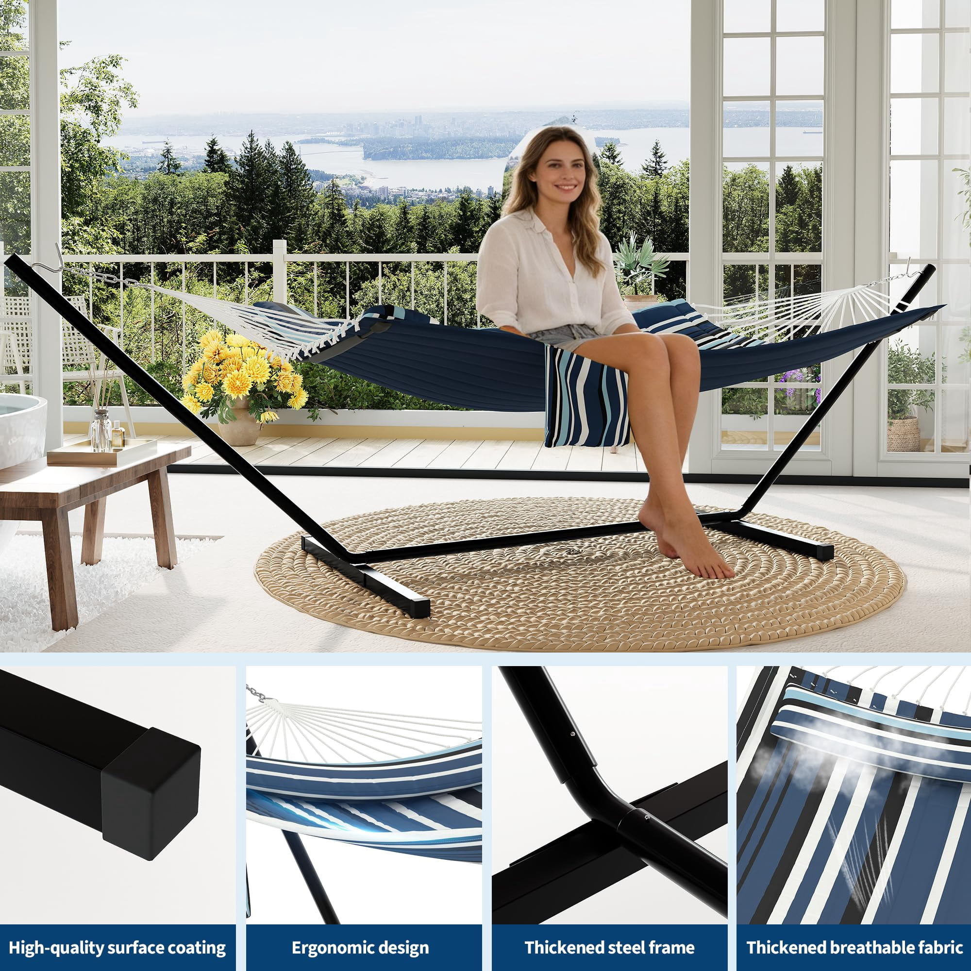 Heavy Duty 450 LBS Double Hammock with Stand & Pillow - 2 Person Outdoor Hammock with Balance Rope for Patio, Backyard, Poolside