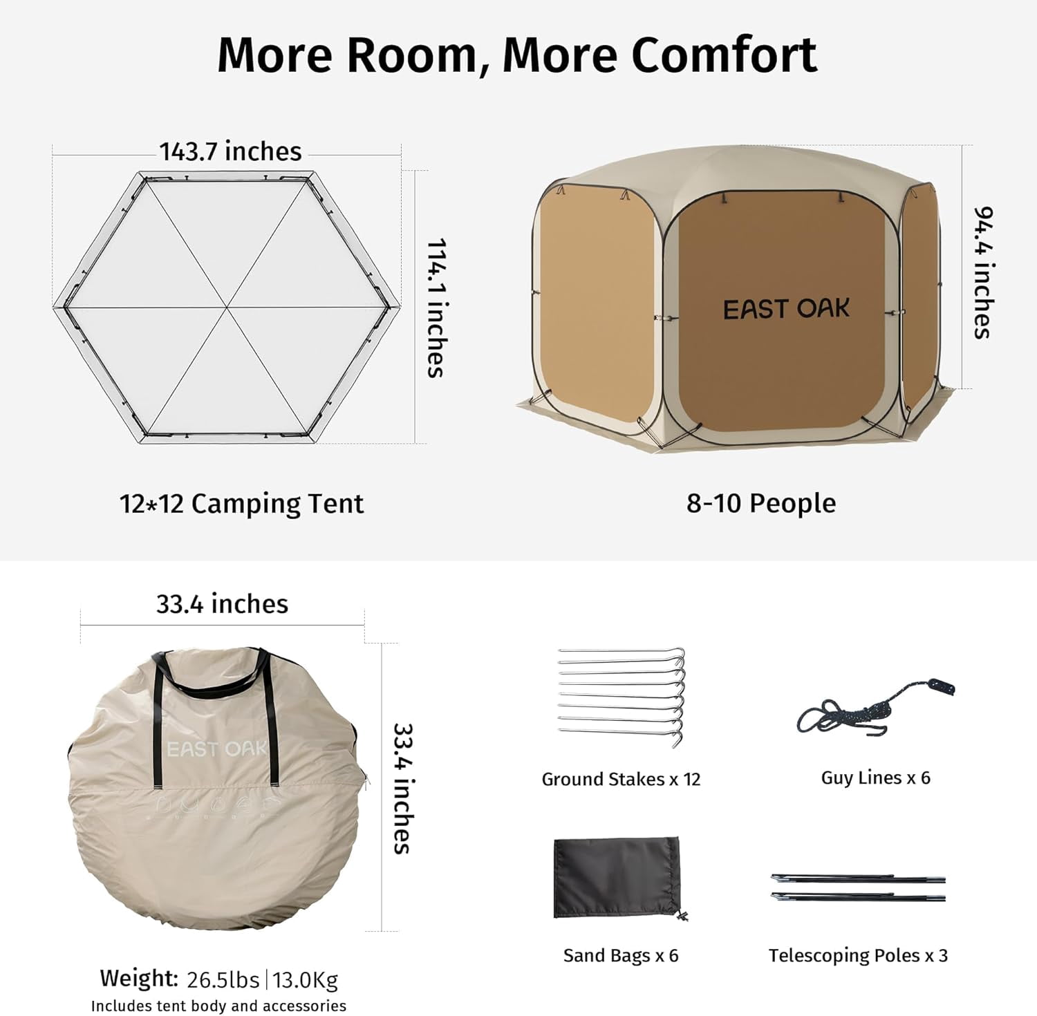 East Oak 12×12 FT 10 Person Family Canopy Tent Outdoor Screen House for Camping Beige