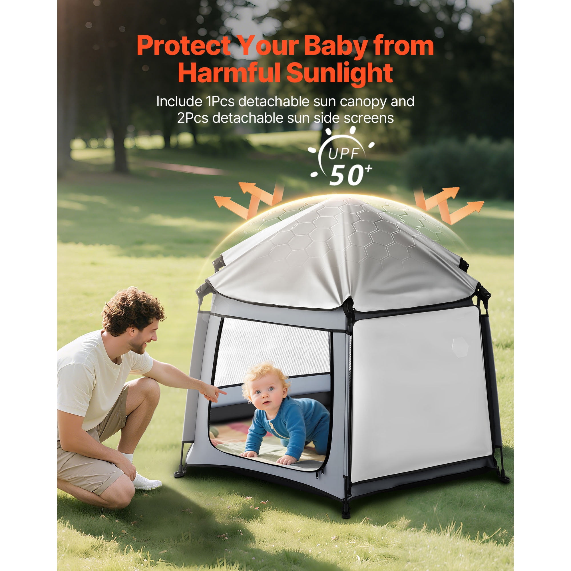 KFFKFF Portable Baby Playpen with Canopy, Foldable Toddler Play Yard for Indoor & Outdoor Use, Lightweight Design with UPF 50+ Sunshade and Travel Bag for Home, Park, or Beach