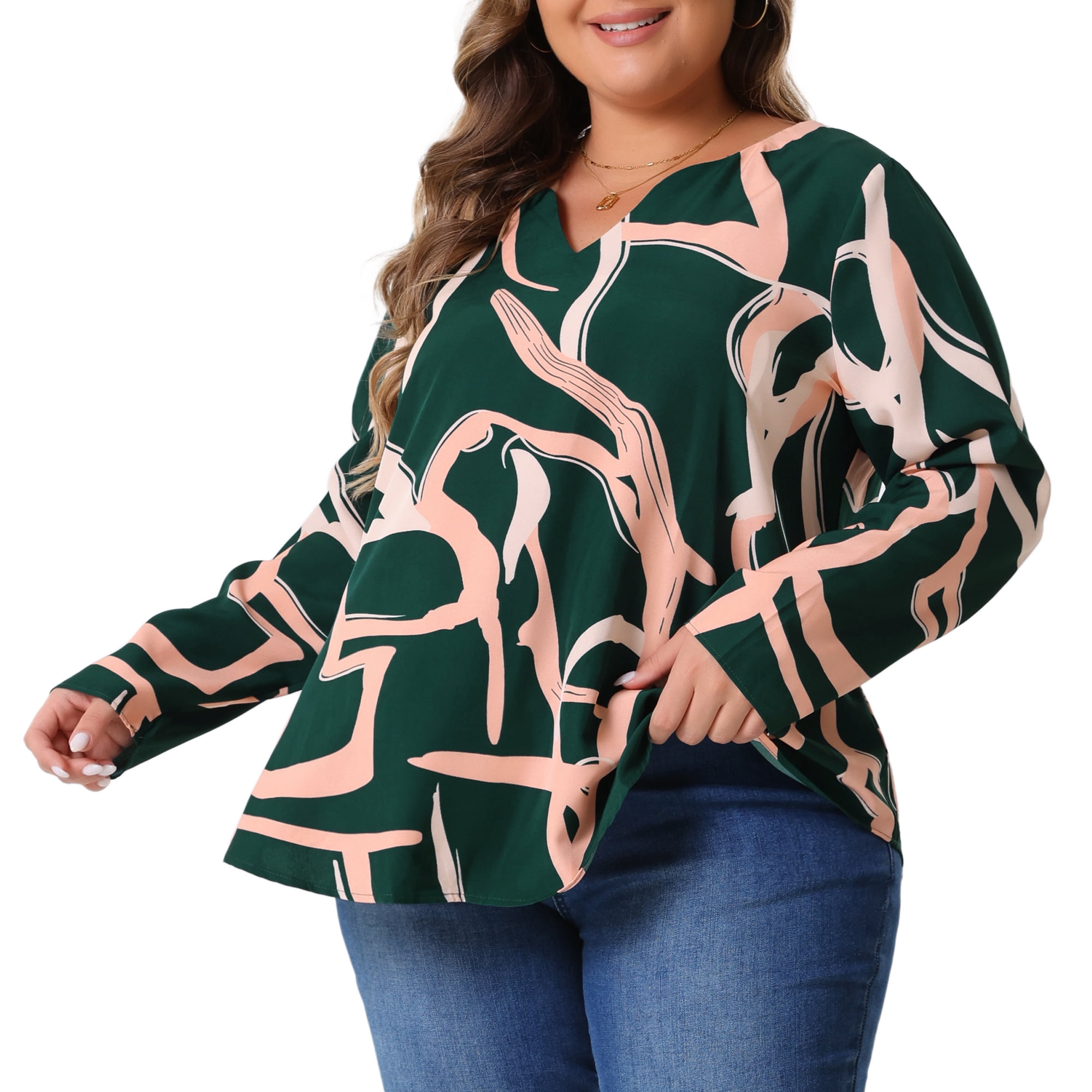 DARING DIVA Women's Plus V Neck Long Sleeves Casual Blouse 4X Green