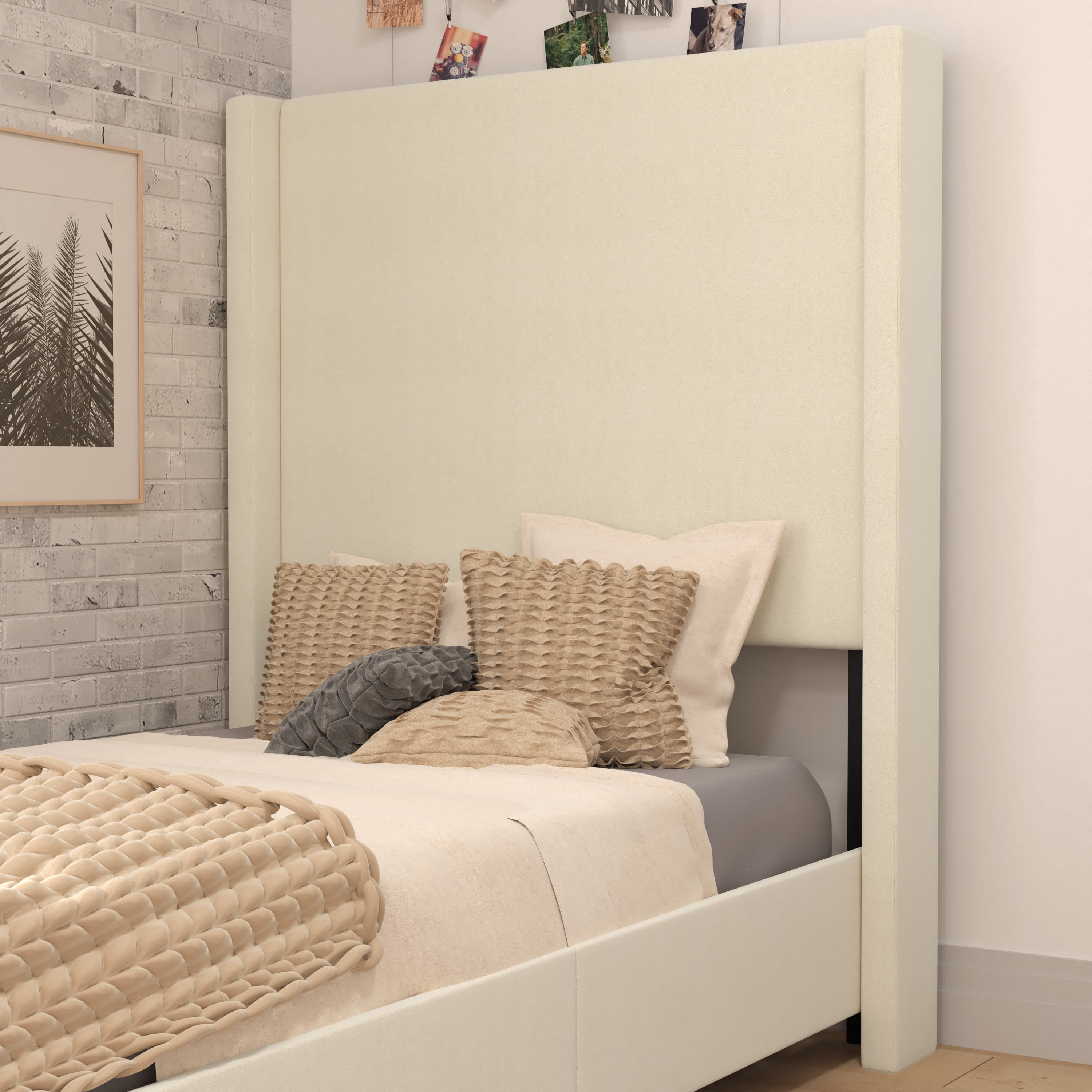 Flash Furniture Quinn Twin Upholstered Platform Bed with Channel Stitched Wingback Headboard, Mattress Foundation with Slatted Supports, No Box Spring Needed, Beige