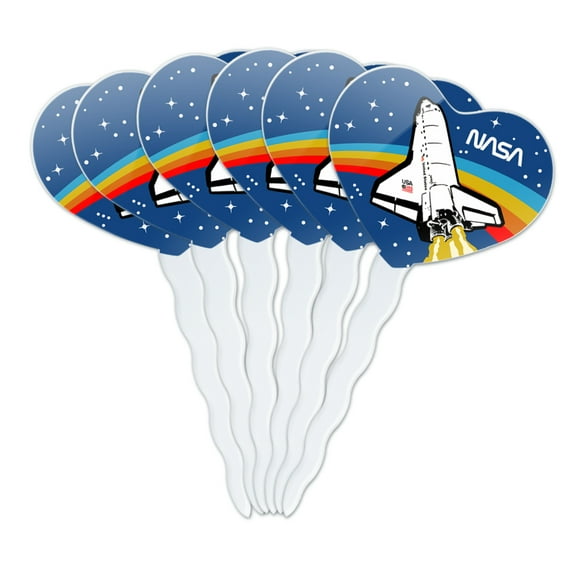 NASA Logo Over Space Shuttle with Rainbow Heart Love Cupcake Picks Toppers Decoration Set of 6