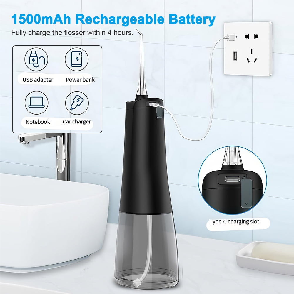 Homsay Cordless Water Flosser, Portable Dental Teeth Cleaner, 300ML Tank USB Rechargeable Dental Oral Irrigator for Home and Travel, 4 Modes , IPX7 Waterproof, Easy-to-Clean（Black）