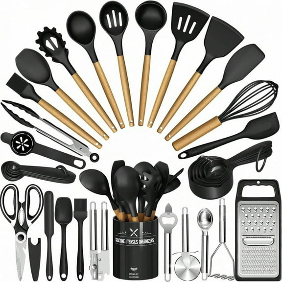 Black Kitchen Utensils Set- 34PCS Silicone Cooking Utensils With Holder, Heat Resistant Kitchen Utensil Spatula Set For Nonstick Cookware, Black Wooden Handles Kitchen Gadgets Tools Set