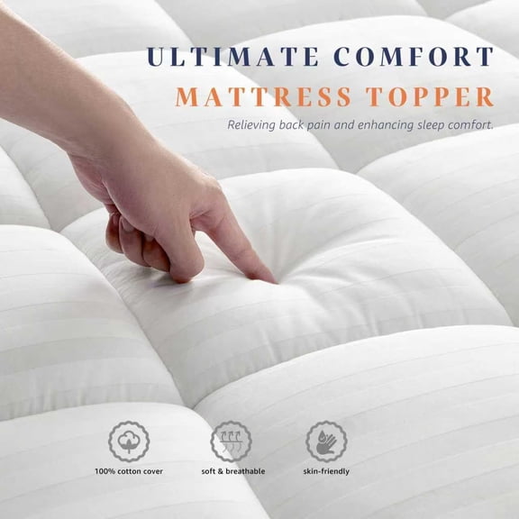 Full Size Fitted Mattress Pad, Thick Soft Breathable Cover, Deep Pocket Design Fits Up to 22 Inches, White 54 x 75