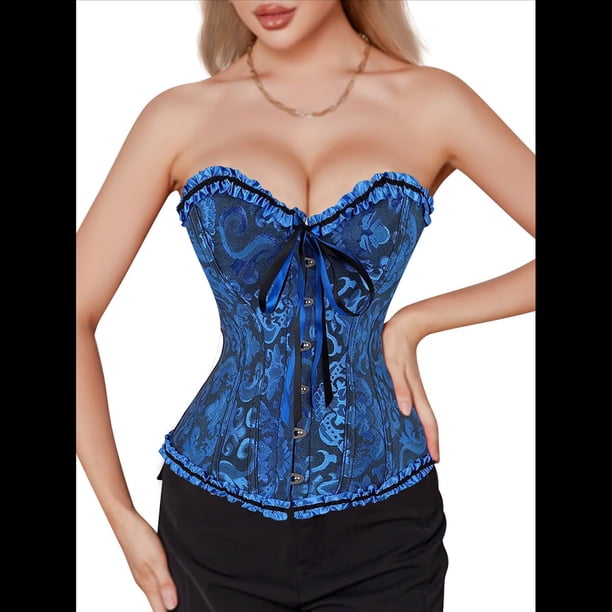 Corsé Moldeador con Cordones y Estampado Floral Renacentista para Mujer, Sin Mangas, con Cuello en V. Azul XXL