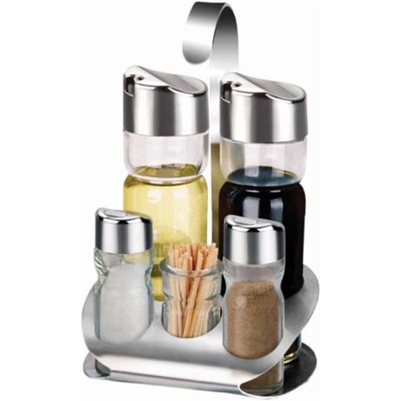 5-Piece Glass Condiment Set with Stainless Steel Base and Lids