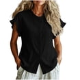 thumbnail image 2 of Neewe Women Loose Casual Short Sleeve Button Up Shirt Solid Color Blouse Round Neck Basic Collared Daily Top, 2 of 5