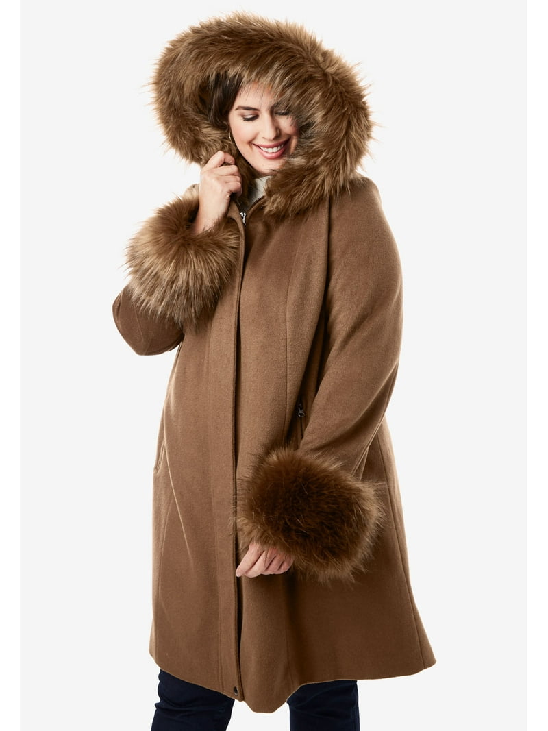 Jessica London Women's Plus Size Hooded Faux Fur Trim Coat Winter