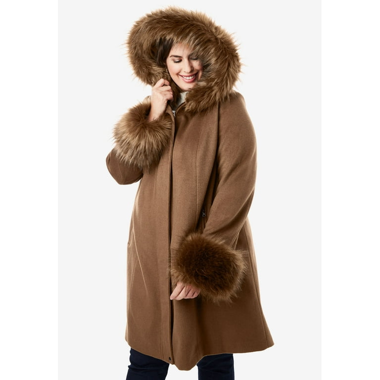 Jessica London Women's Plus Size Hooded Faux Fur Trim Coat Winter Wool  Hooded Swing Coat