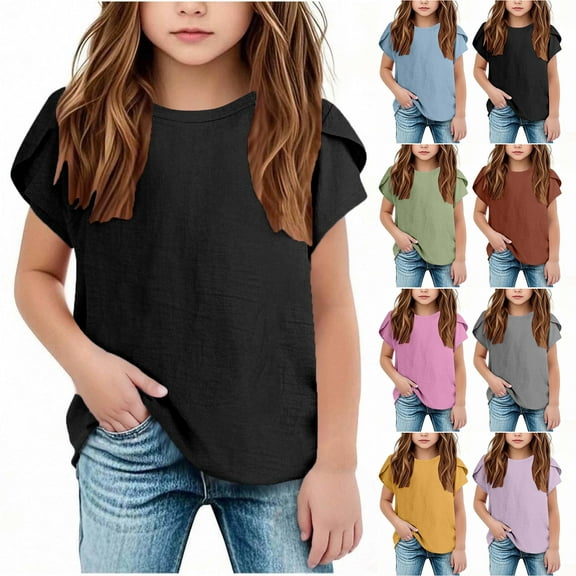 JTSRKL Kids Girls Cotton and Linen Shirts Casual Summer Petal Short Sleeve Round Neck Solid Color Tunic Blouse Lightweight Soft Comfy Tees Shirt Tops Black 7-8 Years