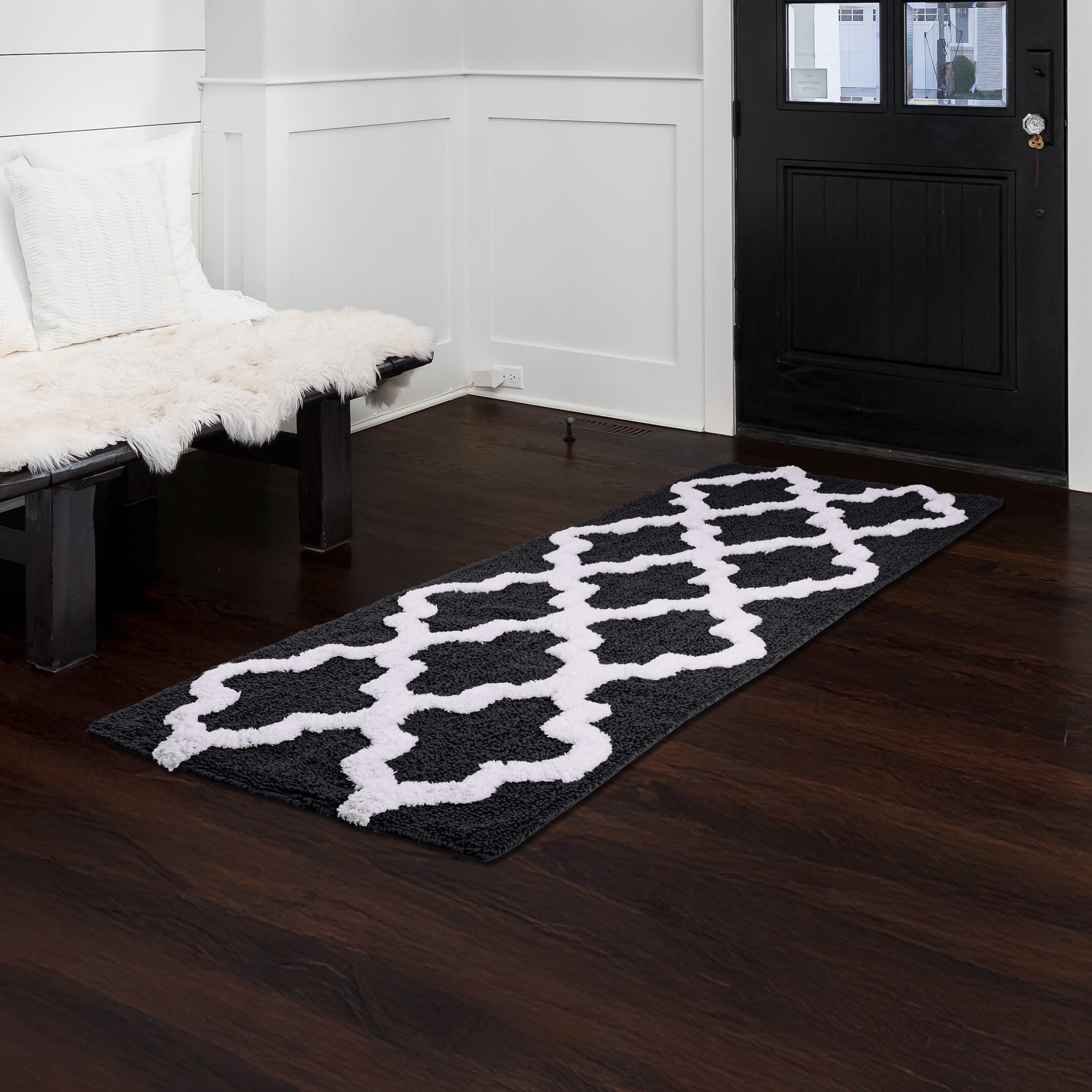 Lavish Home 24 x 60 Inch Bathroom Rug - Non Slip Cotton Bath Mat (Black)