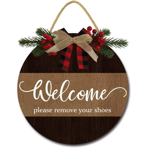 Eveokoki 12" Welcome Please Remove Your Shoes for Front Door Farmhouse Porch ,Rustic Round Wooden Hanging Wreaths for Housewarming gift Christmas Festival Decoration Outdoor Indoor Wall Decor