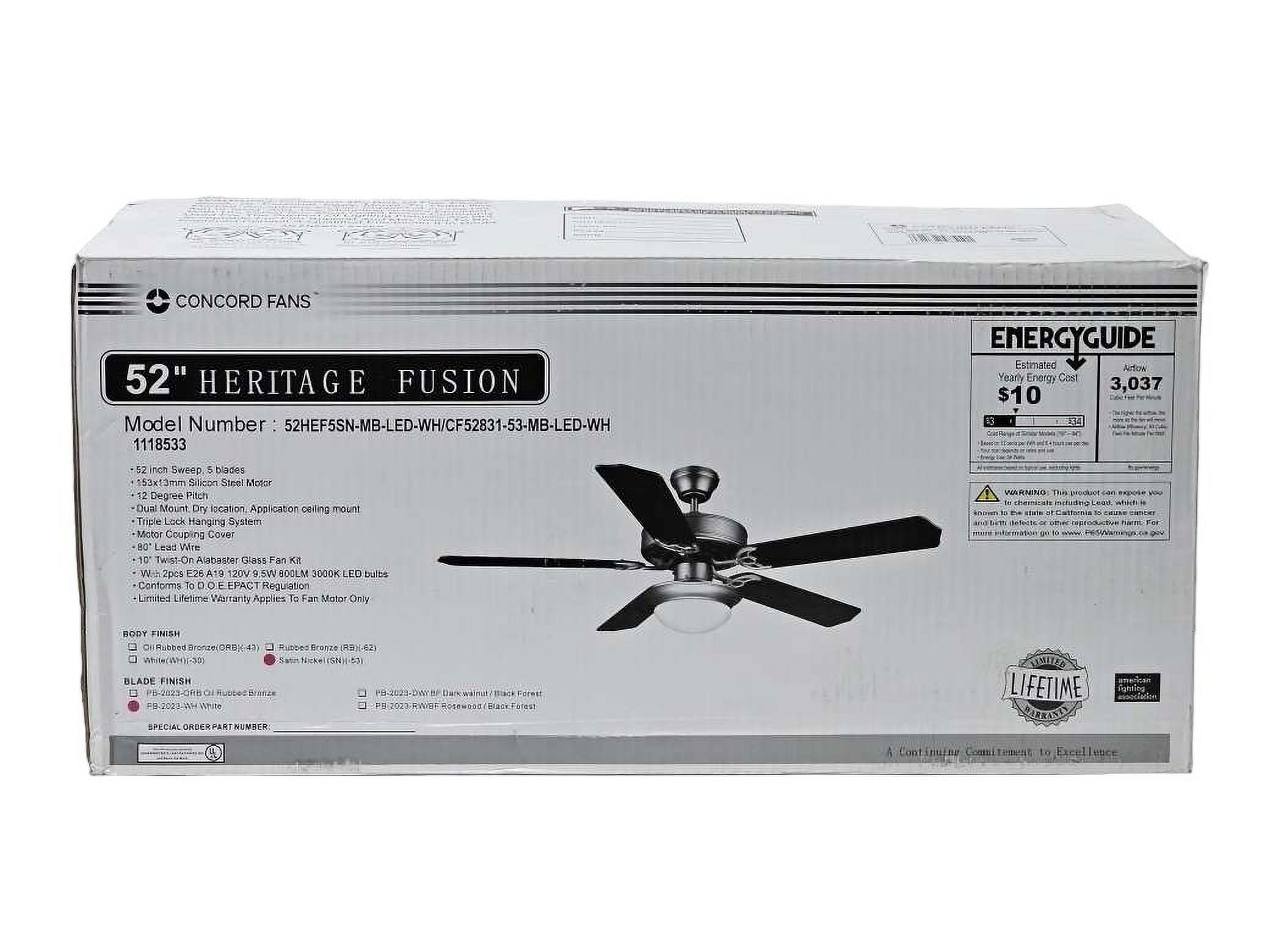 Concord 52" Satin Nickel LED Indoor Traditional Style Ceiling Fan with Light Kit