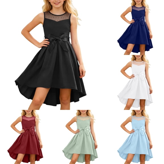 Liyamei Girls Party Dresses, Kids Sleeveless Dress, Satin Mesh Bow Belt Dress Formal Daily Black 5-6 Years