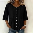 thumbnail image 3 of Tbopshirt Womens Blouses Summer Tops for Women 3/4-length Sleeve Color and Linen Button Fashion Top,Black, 3 of 7