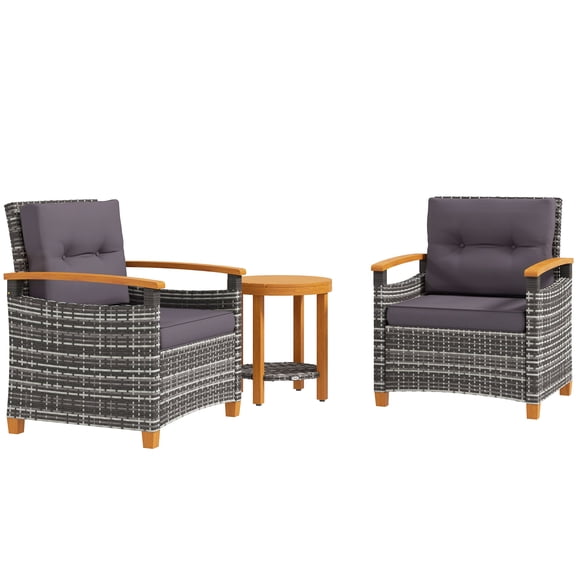 3 Piece Wood Outdoor Bistro Set with Seat and Back Cushions, Gray/Gray