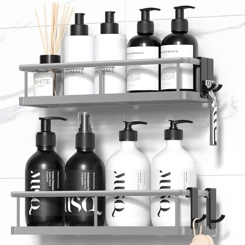 Shower Caddy Adhesive, No Drill Bathroom Shower Organizers, with Removable Hooks, Rust Proof Shower Shelves, Wall-Mounted Shower Holder, Grey, 2 Pack