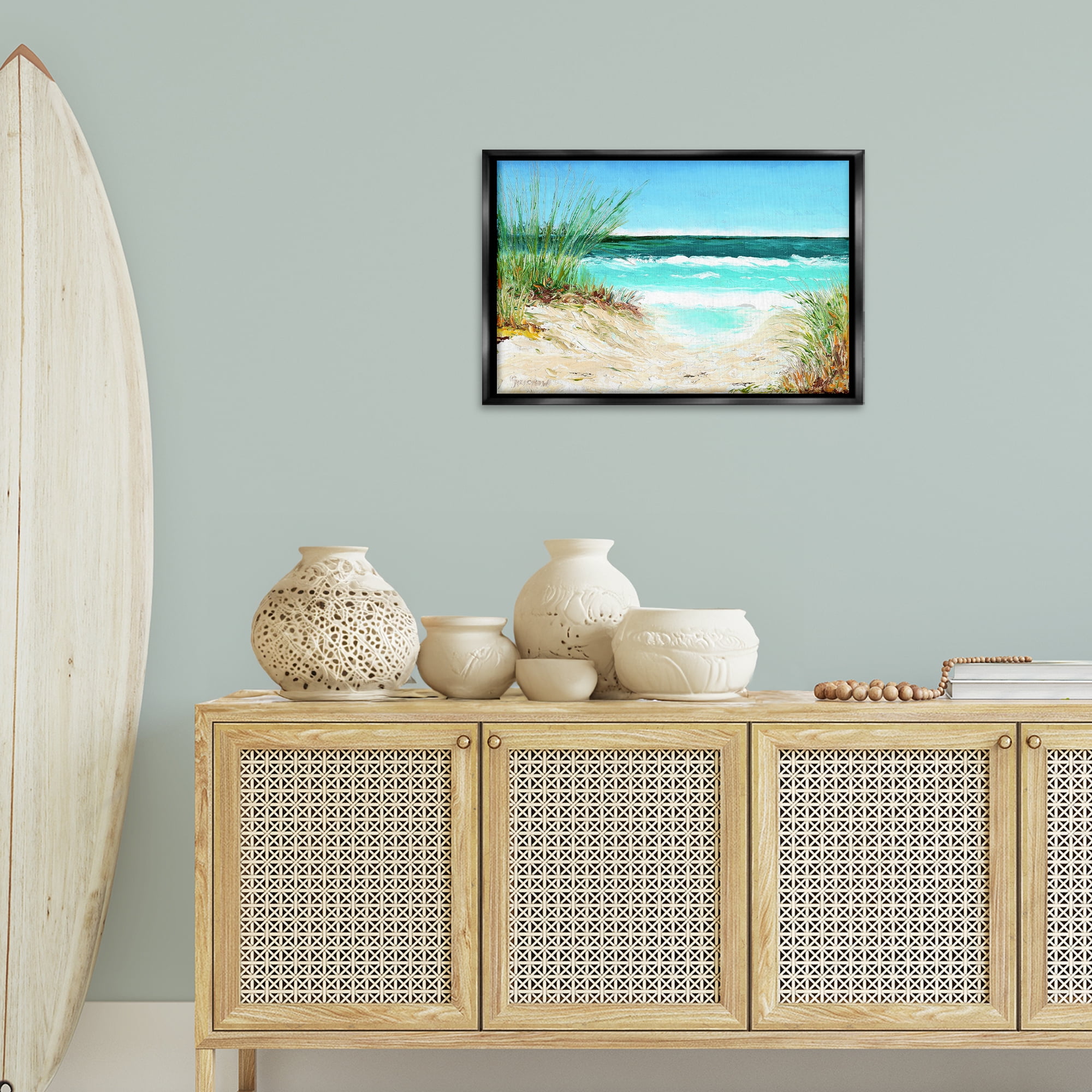 Stupell Industries Tropical Beach View Landscape & Nature Painting Black Floater Framed Canvas Art Print Wall Art, 25 x 17