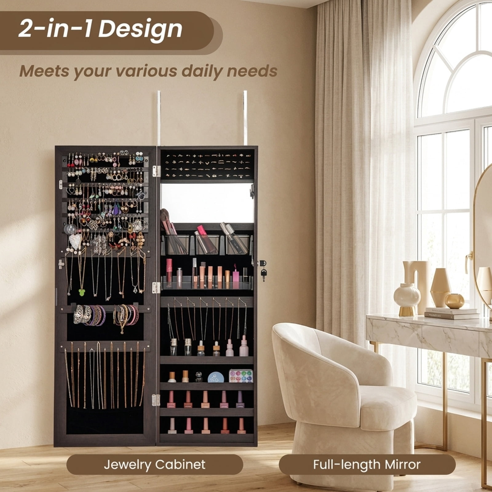 Furnibear 43.5 Inch Jewelry Mirror Cabinet with Full-length Mirror and Adjustable Hangers for Bedroom Dressing Room Jewelry Necklace, Dark Brown