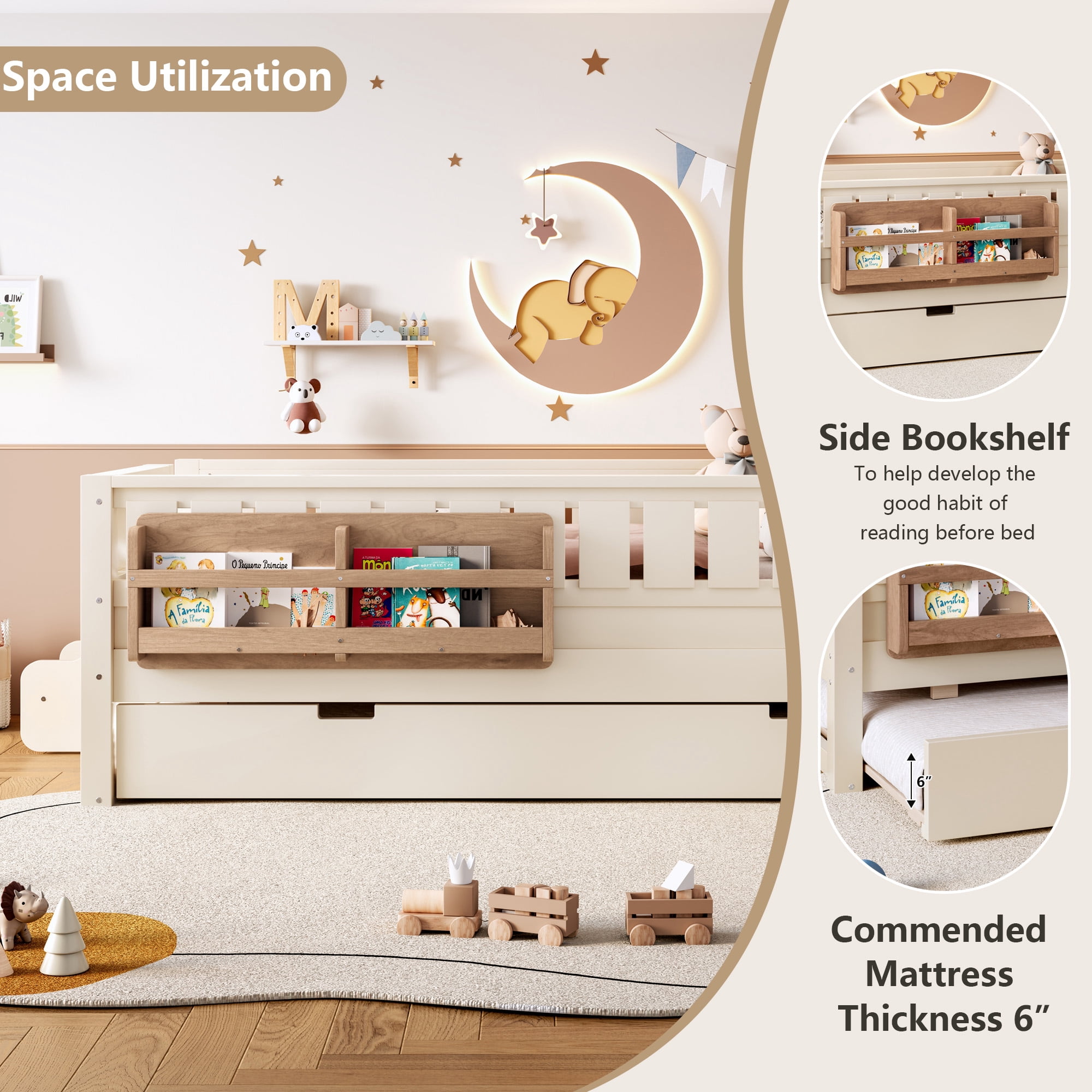 Twin Bed with Bookshelf and Trundle 79.1 Inch, Solid Wood Frame with Staircase and Safety Rails, Space-Saving Kids Bed with Storage, Beige